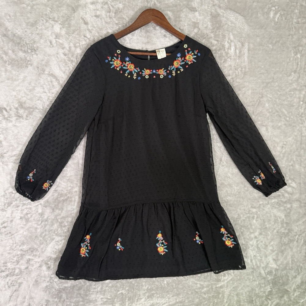 Japna Black Embroidered Swiss Dot Boho Long Sleeve Dress Large